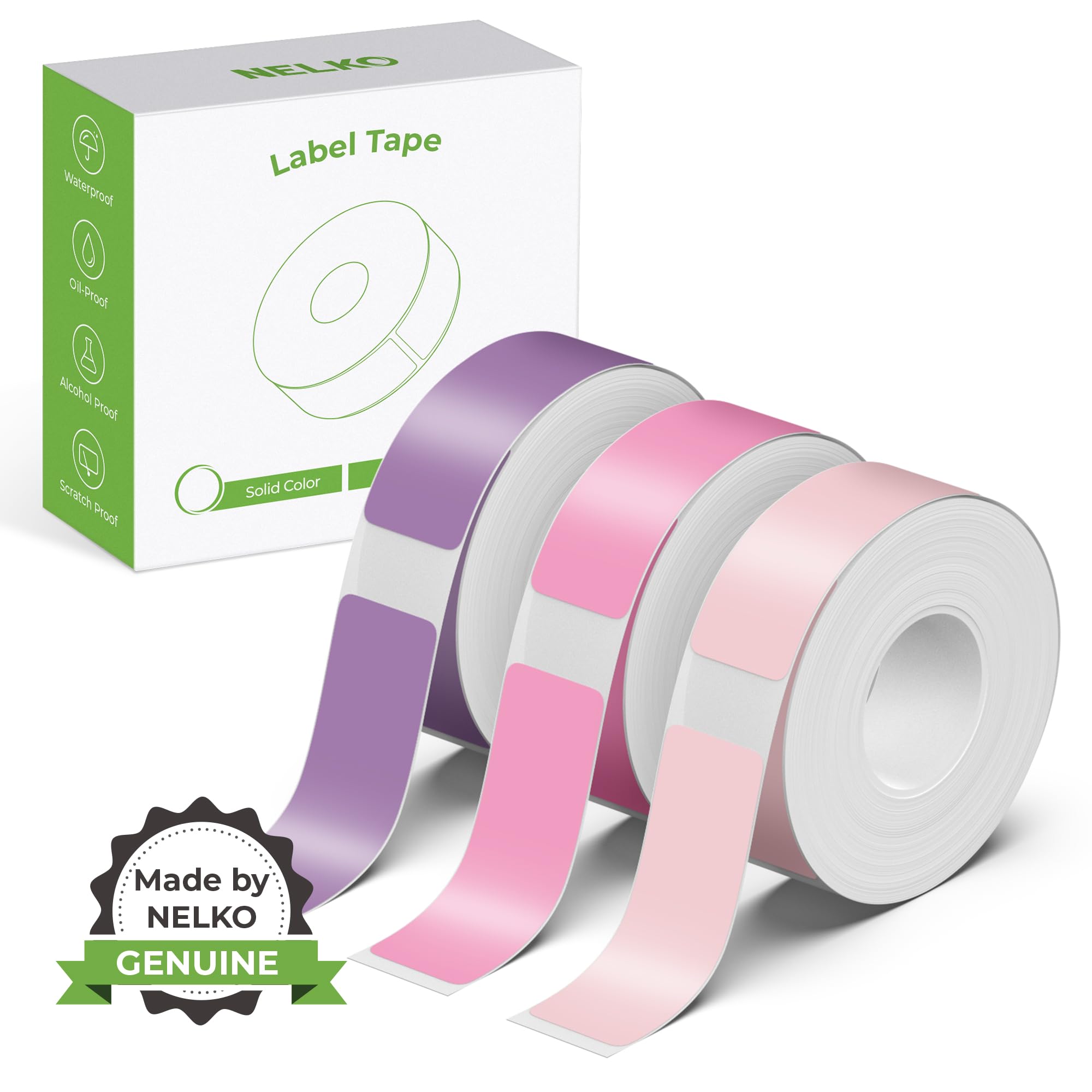 NELKO Genuine P21 Label Maker Tape, Adapted Label Print Paper, 14x40mm (0.55"x1.57"), Standard Laminated Office Labeling Tape Replacement, Multipurpose of P21, 180 Tapes/Roll, 3-Roll, Purple/Rose/Pink