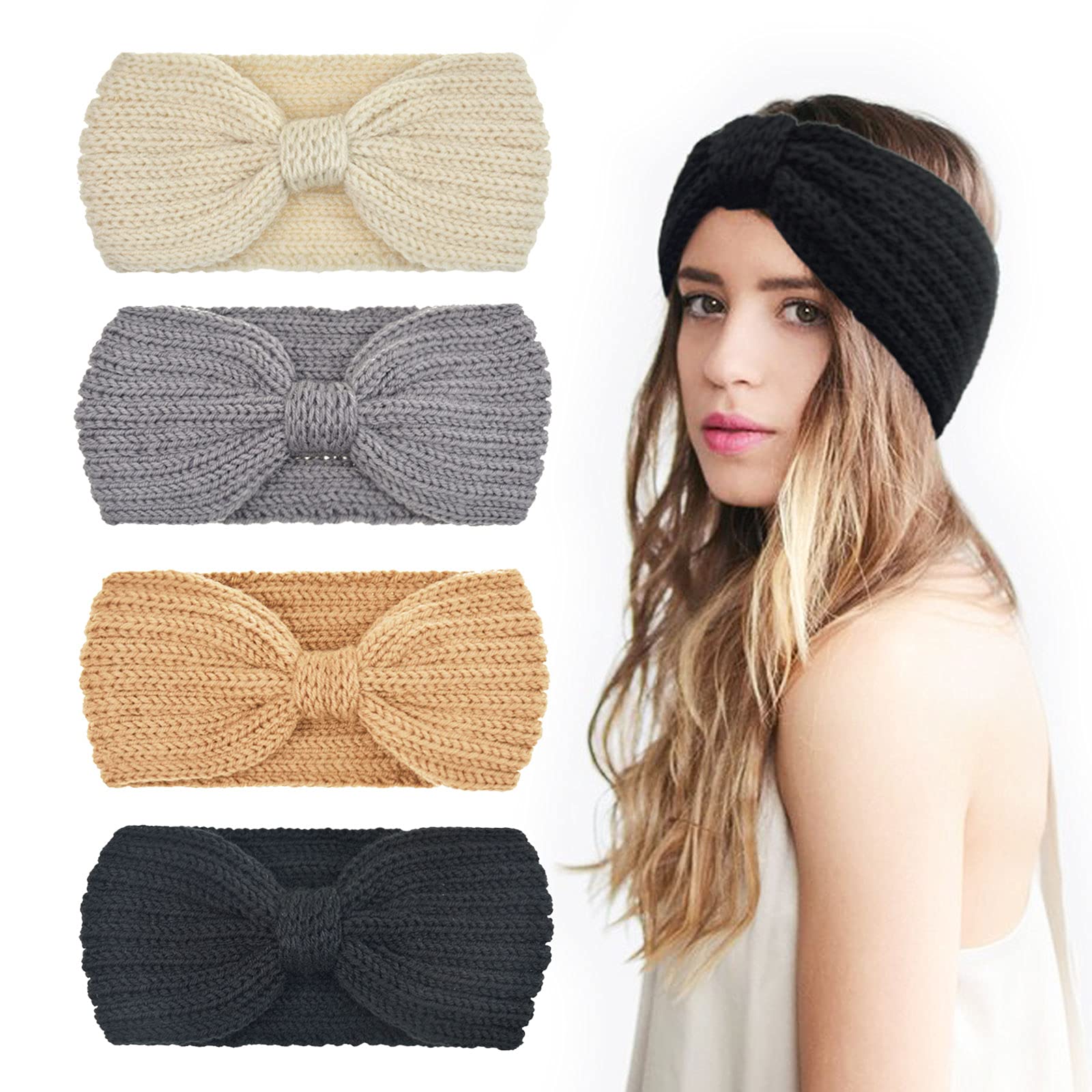 DRESHOW 4 Pack Crochet Knit Turban Headband Warm Bulky Crocheted Head Wrap Headband Ear Warmer for Women
