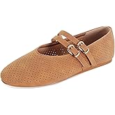 SOVANYOU Suede Mary Jane Flats for Women Perforated Round Toe Ballet Flats with Double Buckle Strap Breathable Mesh Ballerina Shoes