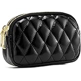 WOZEAH Leather Coin Purse for Women Small 2 Zipper Change Wallet with Key Ring Card Key Coin Cash Holder Pouch(Quilted Black)