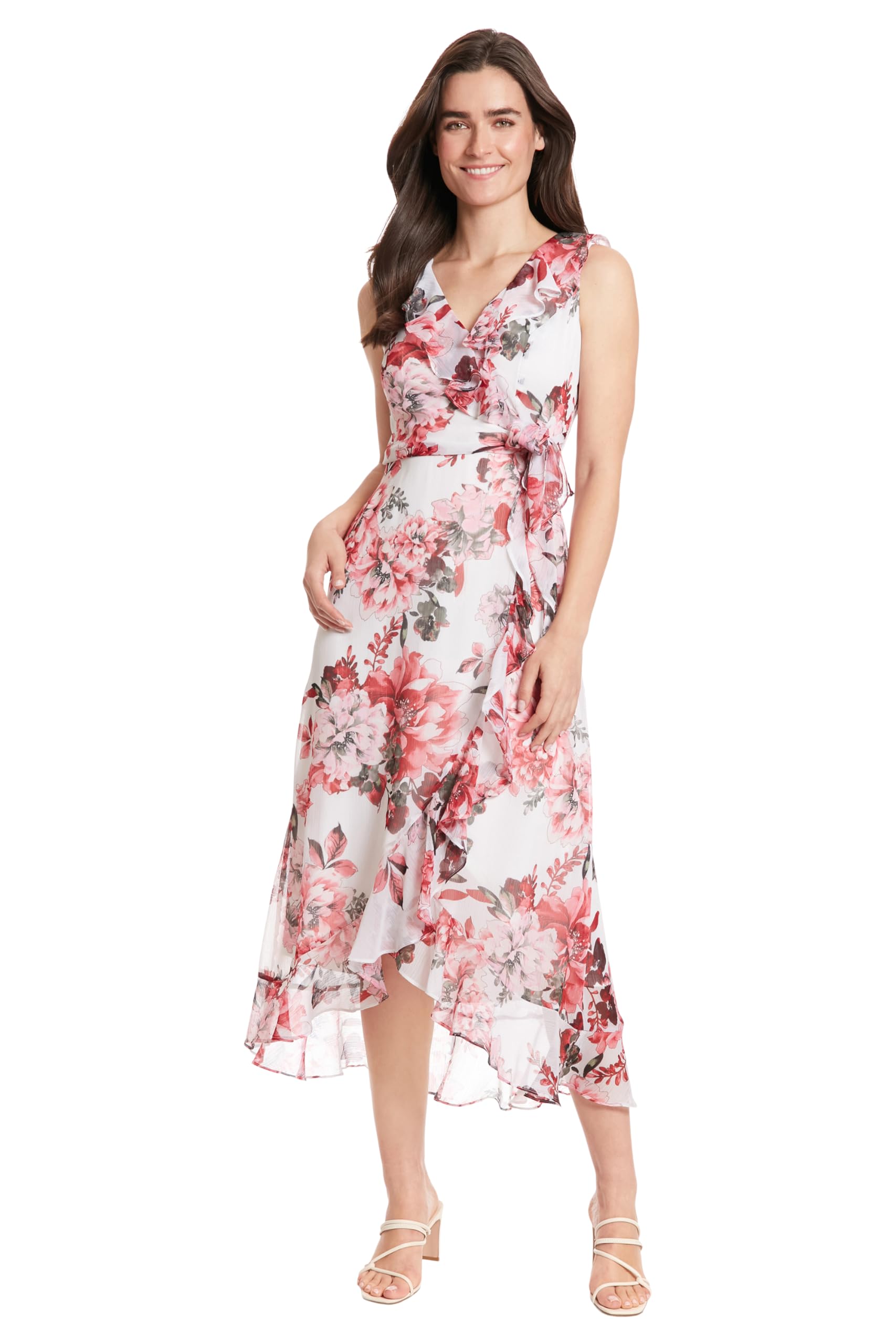 London Times Women’s Sleeveless Ruffle Detail Faux Wrap Tie Midi Dress, Ivory/Red