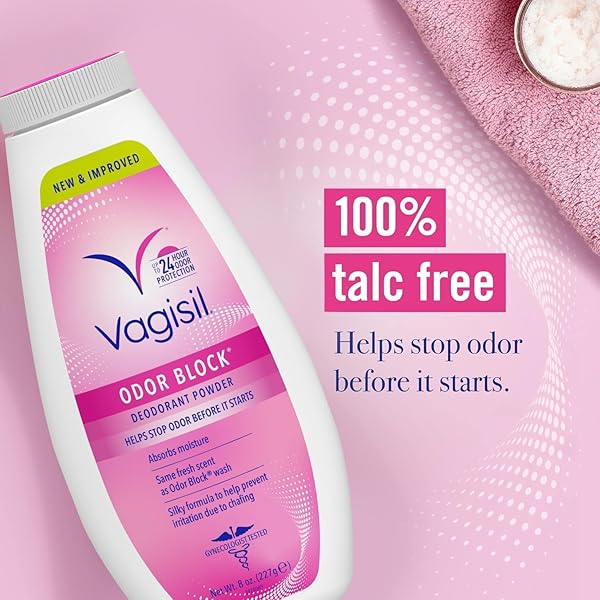 VAGISIL ODOR BLOCK DEODORANT POWDER FOR WOMEN, HELPS TO PREVENTS CHAFING, TALC-FREE, 8 OUNCE (PACK OF 1)