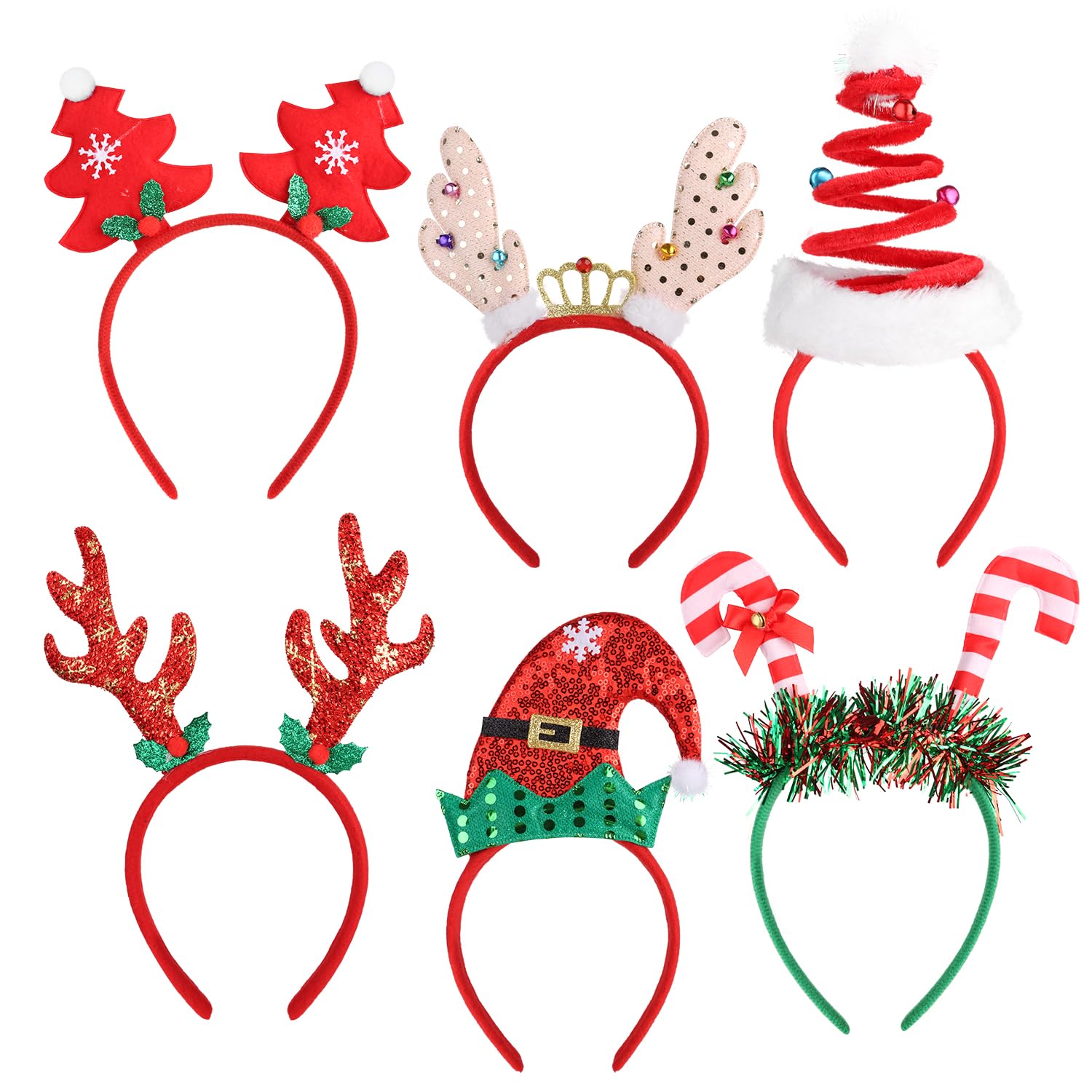 VEYLIN Christmas Glitter Headband,6 Pieces Xmas Reindeer Antler Santa Hair Hoop For Christmas Party Holiday Fancy Dress Costume