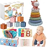 Montessori Baby Toys 6-12 Months, 4 in 1 Montessori Toys Set 6 Months Old+, Stacking Building Blocks Infant Toys, Tissue Box 