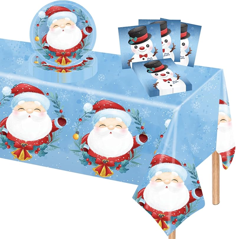 POPOYU 37Pcs Christmas Party Tableware Set Santa Snowman Plates Napkins