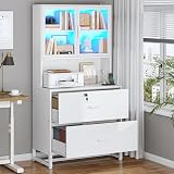 SEDETA 2 Drawer File Cabinet with Lock, Charging Station and Bookshelf, Filing Cabinet Fits Letter, Legal, A4 Size, Wood File Cabinets for Home Office, Printer Stand with Storage Shelf, White
