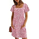 Naggoo Women Summer Sundresses Short Sleeve Square Neck Shift Tshirt Mini Dress with Pockets