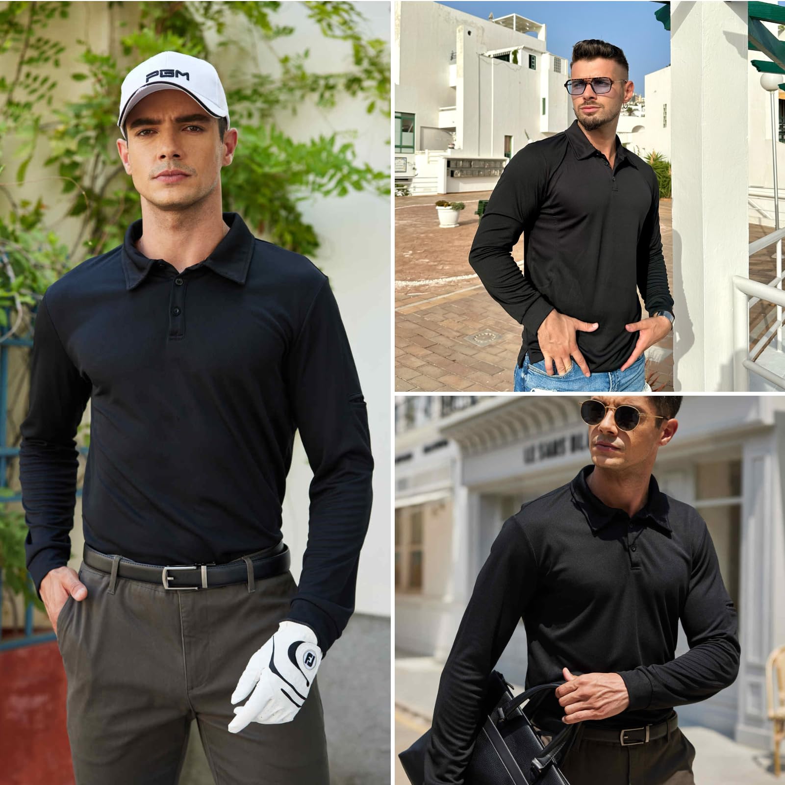 Deyeek Mens Polo Shirts Quick Dry Black Long Sleeve Polo Shirts for Men UPF 50+ Sun Protection Golf Polo Shirts