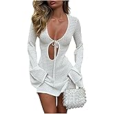 GORGLITTER Women's Tie Front V Neck Mini Dress Bell Sleeve Cut Out Knit Cocktail Birthday Going Out Dresses