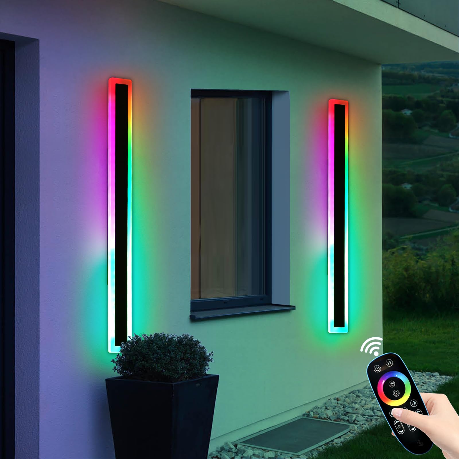 Mikeru 2Pack RGB Outdoor Vertical Wall Light, 100CM Wall Mounted Lights Long Party Christmas Wall Lighting 7 Color Change Xmas Lamp Dimmable 10% to 100% with Memory Function for Festive Decoration