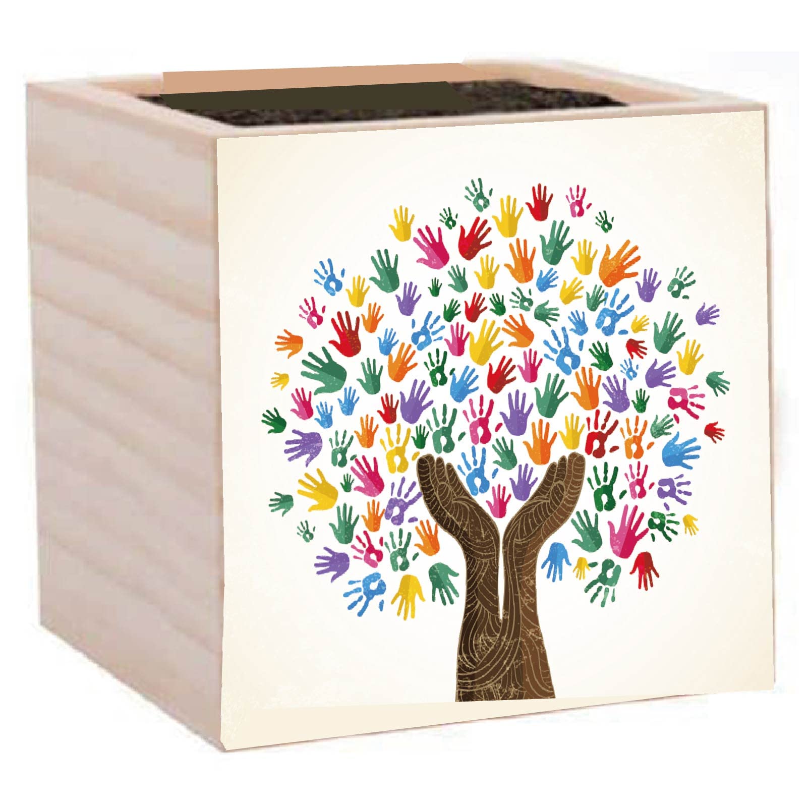 CREATCABIN Tree of Life Planter Box Wood Cube Flower Pot Square Small Rustic Desk Decor Decorative Palm for Garden Indoor Outdoor Plants Teacher Office Women Gift Succulent 3 x 3 Inch