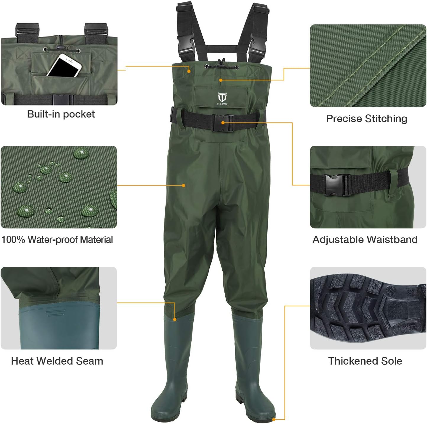 TIDEWE Bootfoot Chest Wader, 2-Ply Nylon/PVC Waterproof Fishing & Hunting Waders with Boot Hanger for Men and Women (Green and Brown) : Clothing