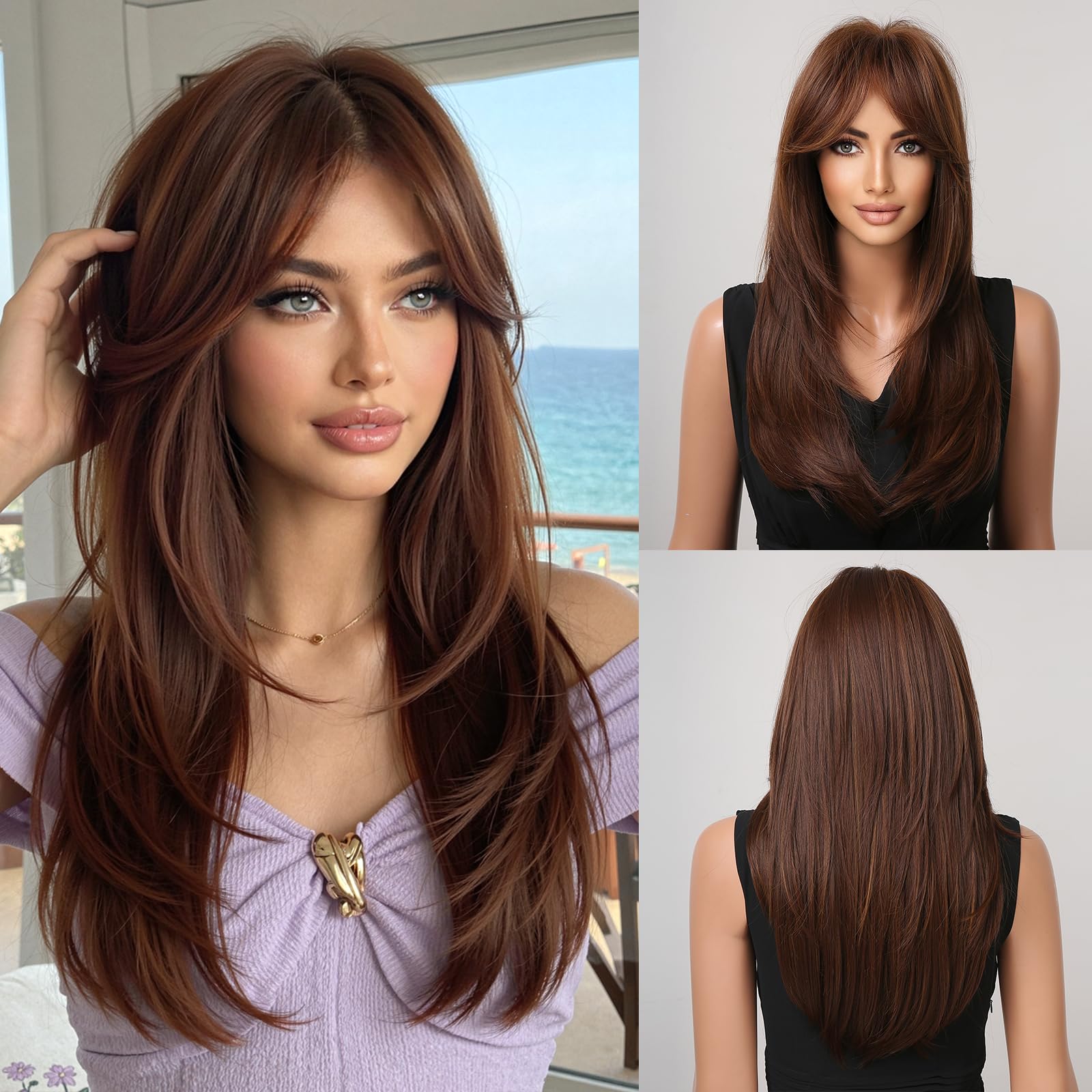 Esmee Long Straight Brown Wigs for Women Synthetic Layered SyntheticHair Wig with Fringe for Daily Party Cosplay Use-20 Inches — image 1