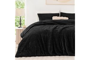 EXQ Home Fluffy Comforter Set Queen Size - Super Soft Faux Fur Stripe Jacquard Comforter 3 Pieces, Black Fleece Bedding Set,Winter Warm Bed Set,1 Comforter with 2 Pillowcases
