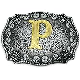 HUABOLA CALYN Western Belt Buckle Initial Letters ABCDEFG to Y-Cowboy Rodeo Silver Large Belt Buckle for Men Women