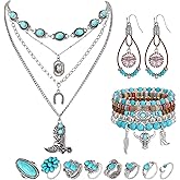 SANSTHS Bohemian Western Jewelry Set Turquoise Necklace Earrings Bracelets Rings Western Accessories for Women Cowgirl Gifts
