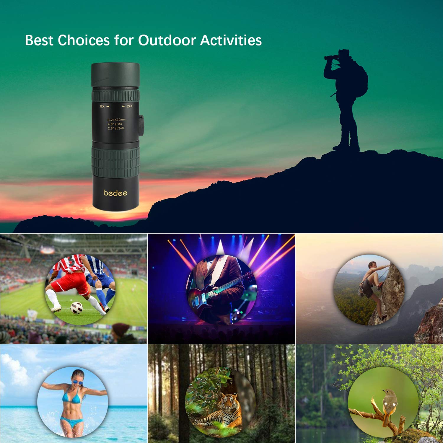 HD Monokular Teleskop, bedee 24x30 Monokulare Telescope Dual Focus Optik-Weitwinkel Monokular Teleskophaben mit BAK4 Prism / Handy Halterung, Wasserdicht und Stoßfest für Adults Kids Camping, Vogelbeobachtung, Reisen, Garten, Natur, Tiere J