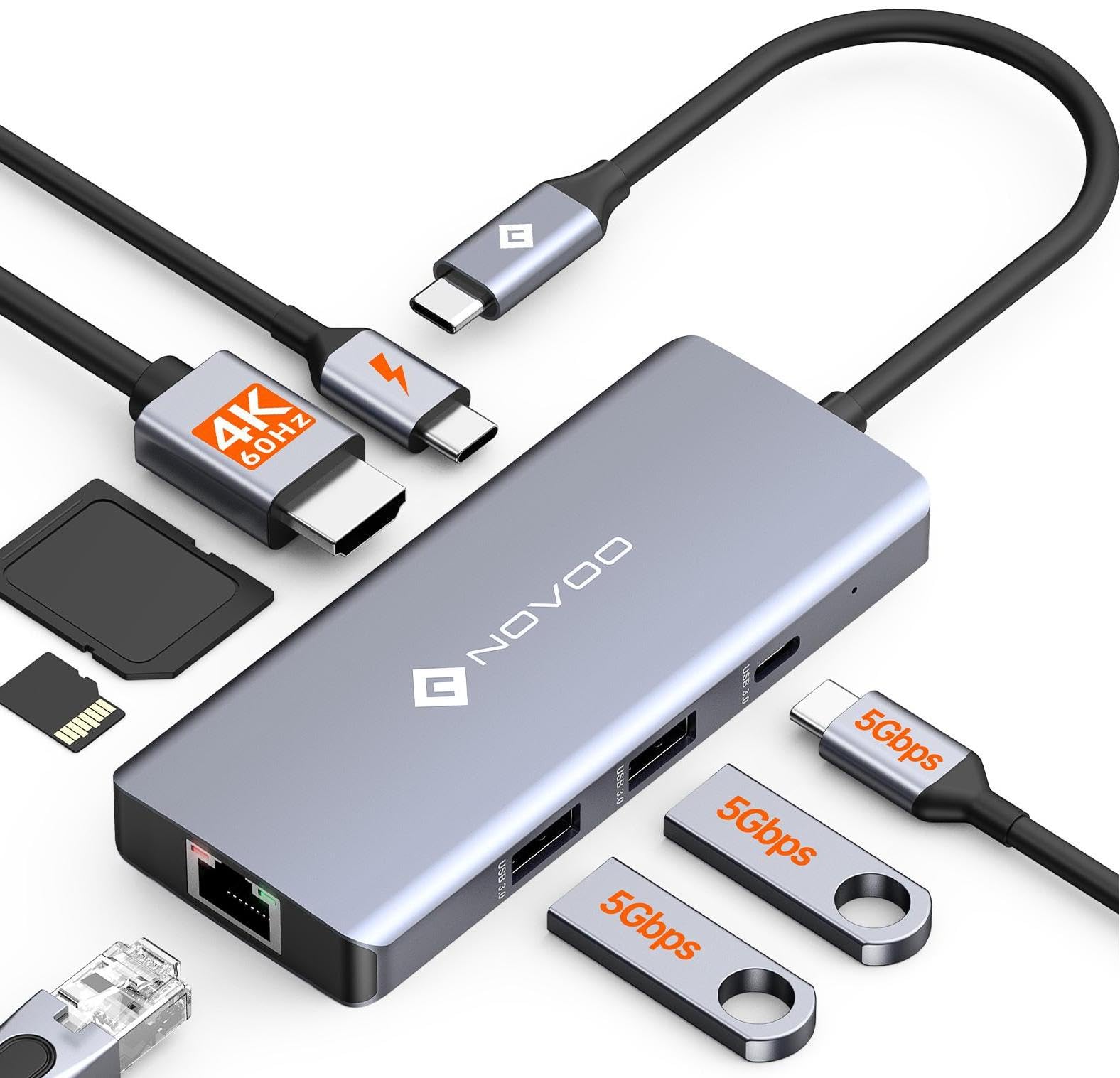 NOVOO USB C Hub 4K @ 60Hz HDMI 8-in-1 Adapter Gigabit Ethernet Docking Station with 100W PD, SD/TF Card Reader, 2 USB-A 3.0+1 USB-C Data Ports for MacBook Pro, MacBook Air, HP and More Type C Devices