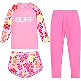 LUCKYLUAN Girls 3 Piece Swimsuit Long Sleeve Rash Guard Swim Shirt with Trunks & Pants UPF 50+ Swimwear