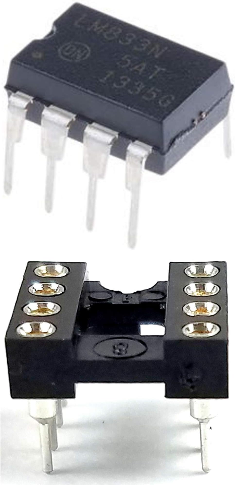 Juried Engineering ON Semiconductor LM833NG Dual High-Speed Audio Operational Amplifier Op-Amp w/ 8-Pin DIP Sockets Machined Round Contact Pins Holes Pitch DIP-8 Breadboard-Friendly IC (Pack of 20)