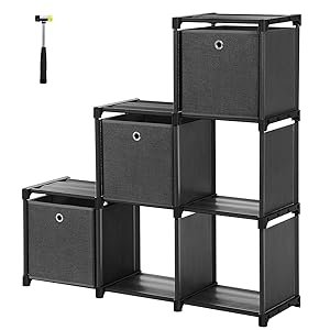 SONGMICS Cube Storage, 6-Cube Bookcase, Ladder Storage Unit with 3 Storage Boxes, DIY Closet Organizer, Sturdy Metal Frame, Includes Rubber Mallet, 41.3 x 11.8 x 41.3 Inches, Black ULSN23BK