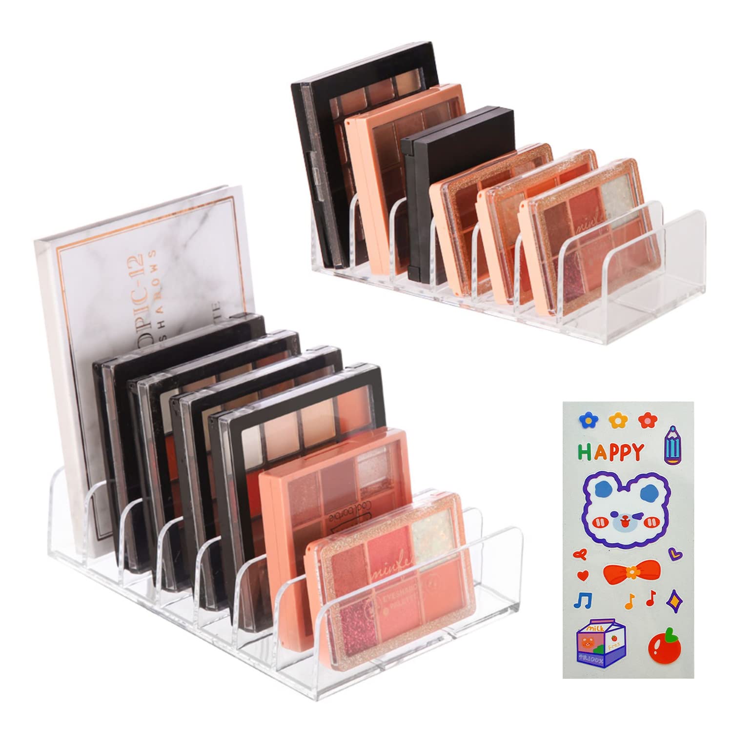 NINVVS 2 piece eyeshadow palette storage rack with 1 cartoon sticker, transparent desktop display rack, 7 compartment cosmetic storage rack, suitable for dressing table (2 sizes)