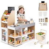 HONEY JOY Kids Grocery Store Playset, Wooden Grocery Store Pretend Play w/Cart, Cash Register Stand w/Coins, Chalkboard, Toddler Supermarket Play Toy for Boys Girls(Play Food Not Included)