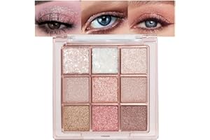 CAKAILA 9Colors Glitter Eyeshadow Palette,Pink White Gold Glitter Shimmer Sparkly Eye Shadow Palette Makeup,Warm Pastel Eyeshadows Palette Long Lasting Waterproof Naturing-Looking Women Girls Eye Shadow