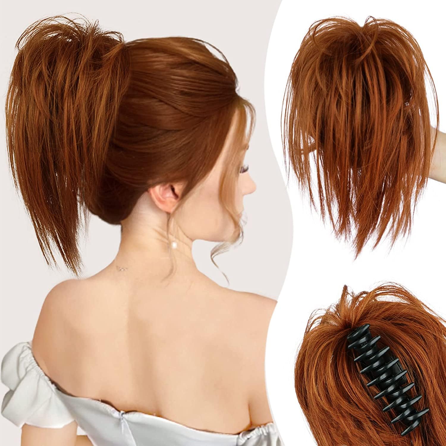 Copper Red Messy Bun Hair Extensions, Claw Clip Short Ponytail Hair Extensions Natural Straight Synthetic Fake Hairpiece Short Bun Hair Chignons for Women Girls