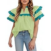Tankaneo Womens Ruffle Sleeve Babydoll Tops Color Block Summer V Neck Pleated Blouse Dressy Casual Loose Fit Shirts