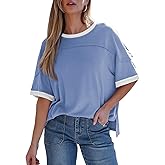 Dokotoo Summer Tops for Women 2026 Loose Oversized T Shirts Crewneck Color Block Side Slits Basic Tee Blouses