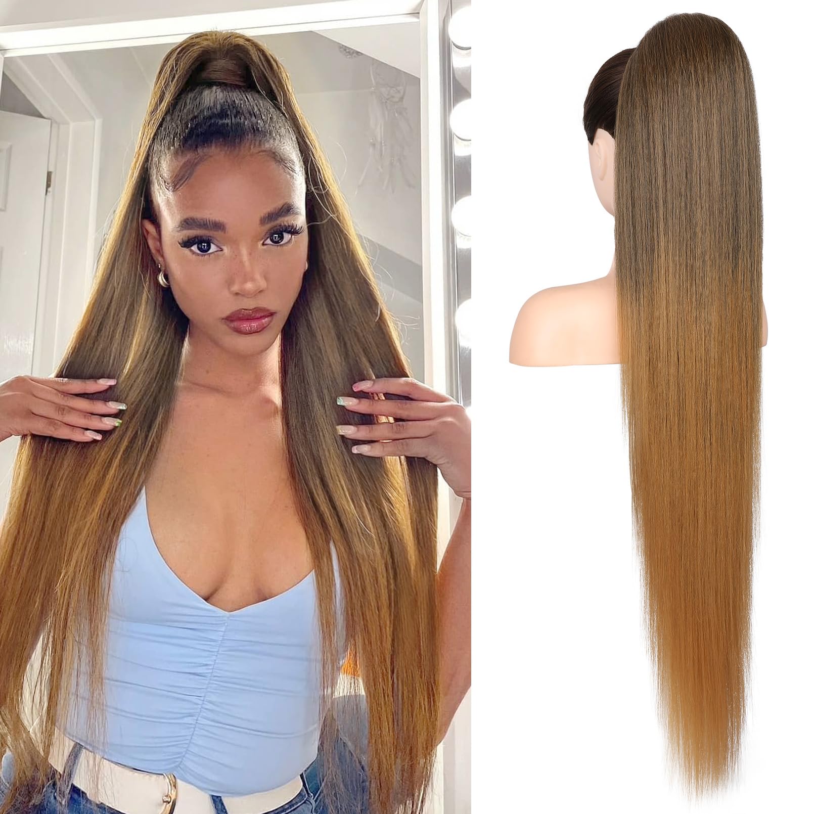 Photo 1 of FLUFYMOOZ ponytail extension, 36 Inch Long Straight Drawstring Ponytail Synthetic Hairpieces Fake Pony Tails Natural Soft Clip in Hair Extension ponytail for Women (Chocolate Brown to Light Brown)