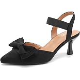 fereshte Women's Bow Pointed Toe Slingback Low Kitten Heels, Elastic Strap Slip On Pumps