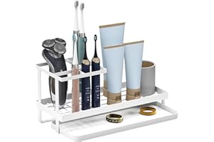 QUELIEN Toothbrush Holders for Bathroom,Carbon Steel Bathroom Organizer Countertopr for Electric Toothbrush,Toothpaste and Razors-Which is Perfect for Countertop Storage,Shower,Sink (White)