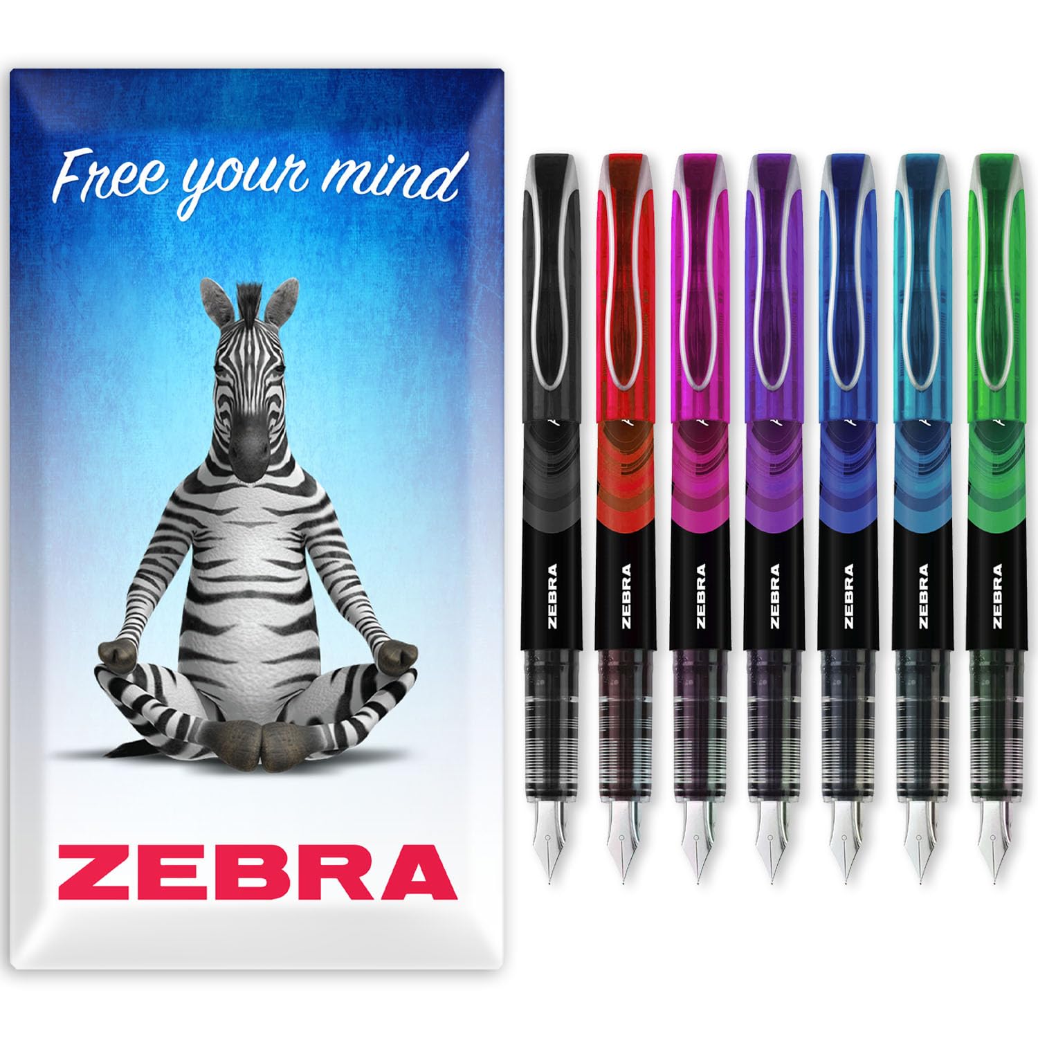 Zebra Fuente Pen - Disposable Fountain Pens - Pack of 7 - Black, Red, Pink, Violet, Blue, Light Blue & Green - In Zebra Envelope Gift Packaging
