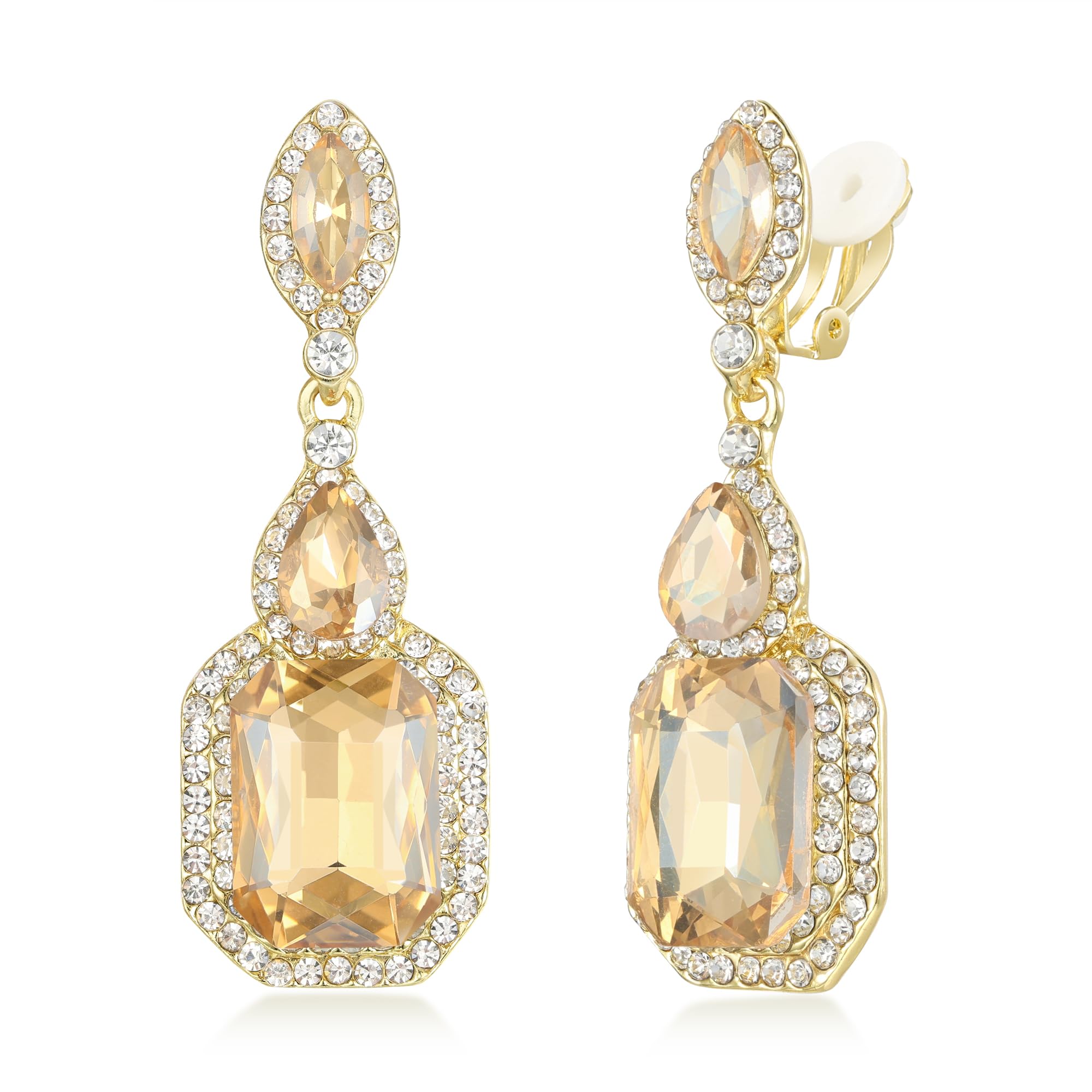 Clearine Vintage Antique Wedding Bridal Statement Costume Diamante Crystal Gemstone Clip On Non-Pierced Dangle Drop Earrings for Women Brown Gold-Tone