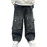 Boys Baggy Cargo Jeans Elastic Waist Casual Wide Leg Kids Boys Pull On Denim Pants with Flap Pocket 5-14 Years