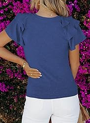 SHEWIN Womens Shirts Summer Ruffle Sleeve Crewneck