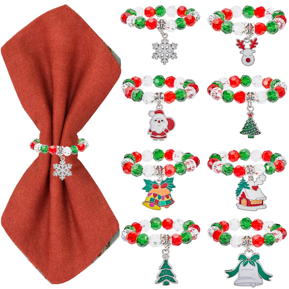 SUNNYCLUE 8 Sets Christmas Napkin Ring Sets Holiday Napkin Rings Red Green Beaded Napkin Ring Xmas Tree Santa Claus Reindeer Cloth Napkins Rings for Christmas Holiday Party Dinner Table Decoration