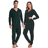 COLORFULLEAF Christmas Onesie Pajamas Adult Family Couples Matching Plaid Hoodie Suit Zipper Fleece Pj For Women and Men