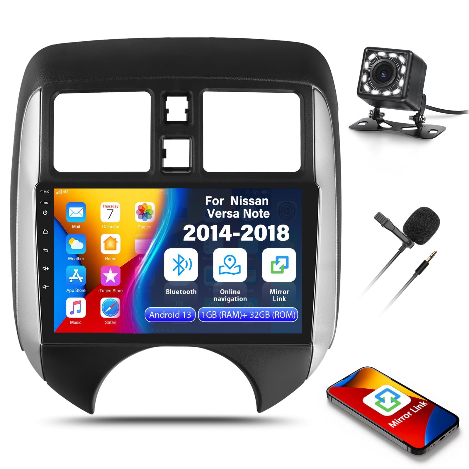 Photo 1 of 1+32G Android 13 Car Radio Stereo for Nissan Versa Note 2014 2015 2016 2017 2018 GPS Navigation Head Unit Bluetooth,9" IPS Touch Screen Mirror Link WiFi FM/RDS Radio USB SWC+Backup Camera&MIC