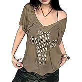 Oversized Metal Sequins Cross Graphic Tee Goth Off The Shoulder Tops V Neck Tshirts Grunge Emo Clothes Punk Tees Y2K