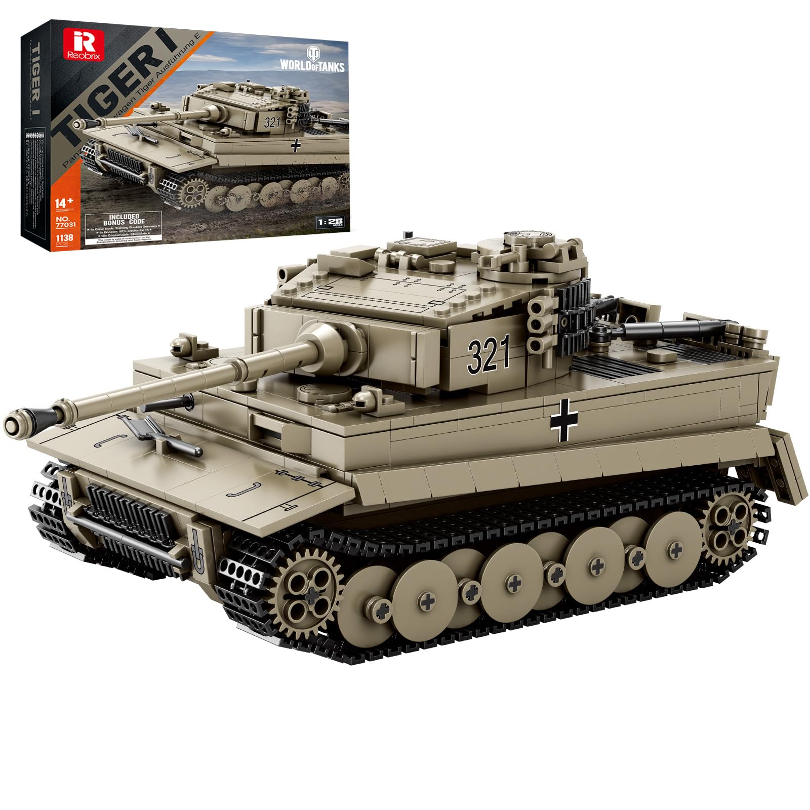Reobrix Military Tiger I Tank Building Toy Set for Adults, 1:28 Scale WW2 Heavy Army Battle Tanks Model, 77031 World of Tanks Licensed War Tracked Vehicles Hobby Gift for Boys Man (1138PCS)