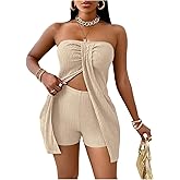 Milumia Women's 2 Piece Outfits Split Front Strapless Textured Tube Top Shorts Set