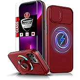 FRLMOOES for iPhone 13 Pro Max Case Magnetic Compatible with MagSafe Wireless Charging,with 2 Screen Protectors,Built-in Kickstand Ring+Camera Cover Anti-Scratch Shockproof Heavy Duty Protection Red