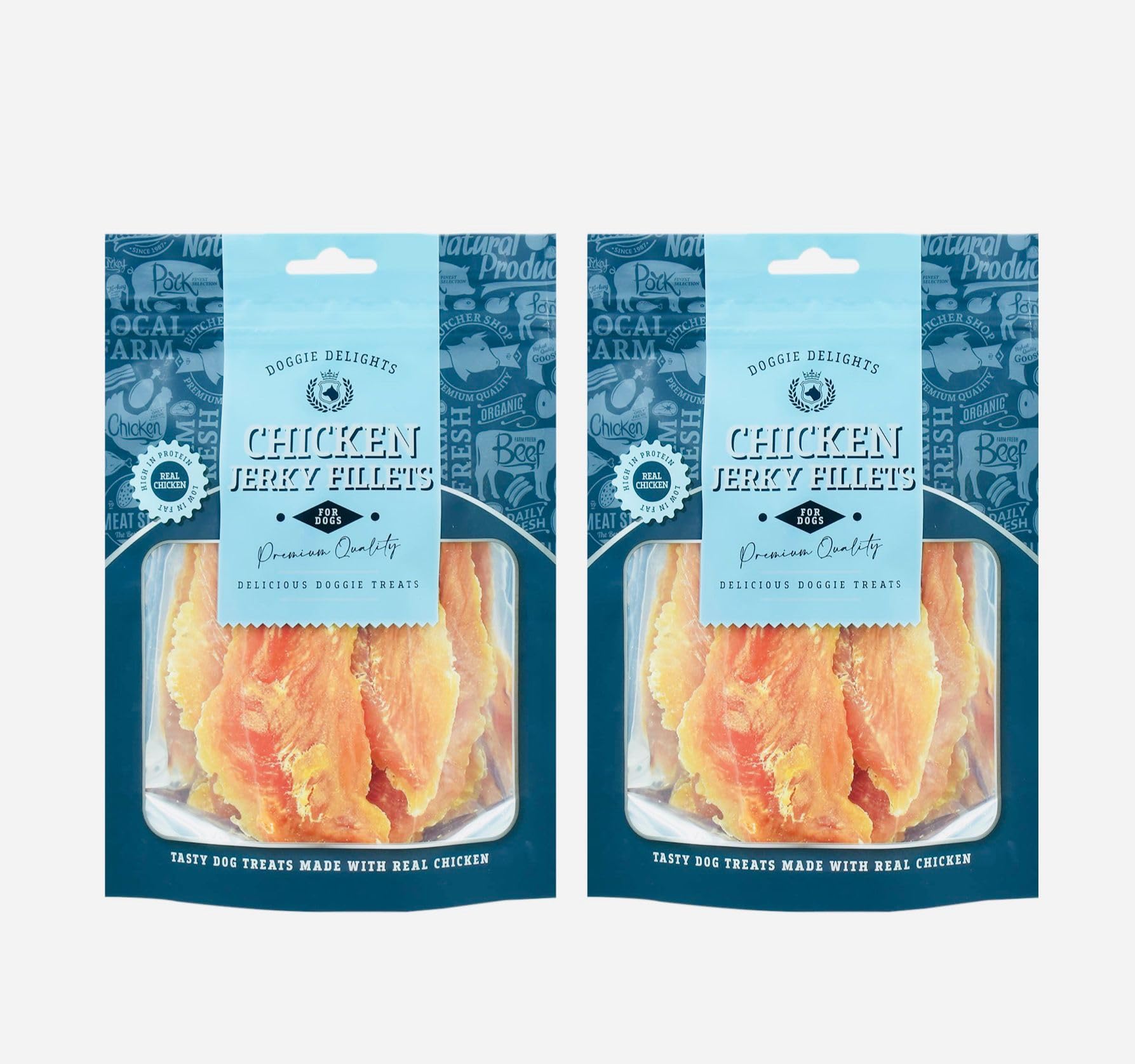 2x Doggie Delights Dog Treats For Dogs Premiam Quality Delicious Doggie Healthy Treats High In Protein Low in Fat Real (2x Chicken Jerky Fillets - Each 160g)