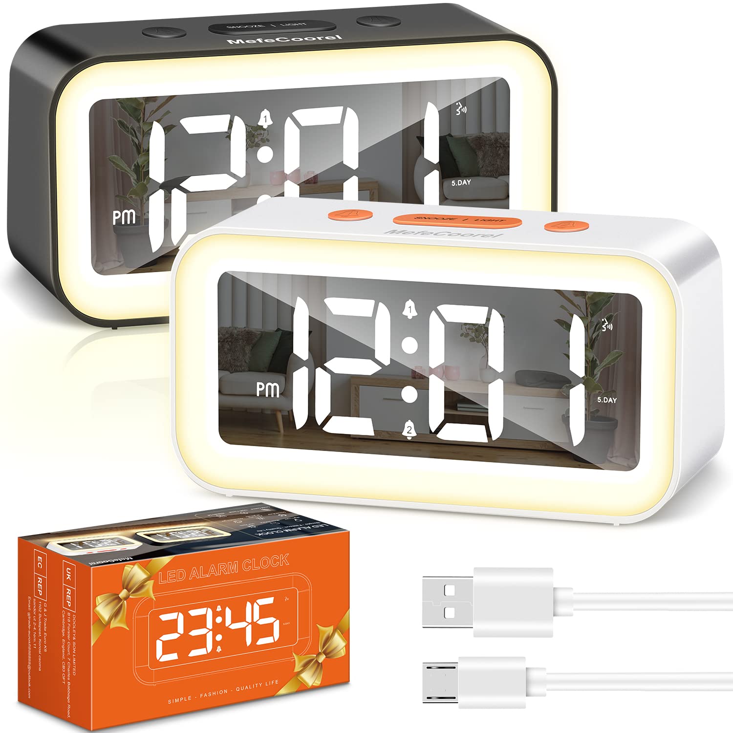 2 PCS Digital Alarm Clock with Light Alarm Clocks Bedside+Gift Box Adjustable Brightness LED Display Snooze 12/24Hr Weekend Mode USB Port Kids Clocks for Bedrooms Girls Boys (White+Black)