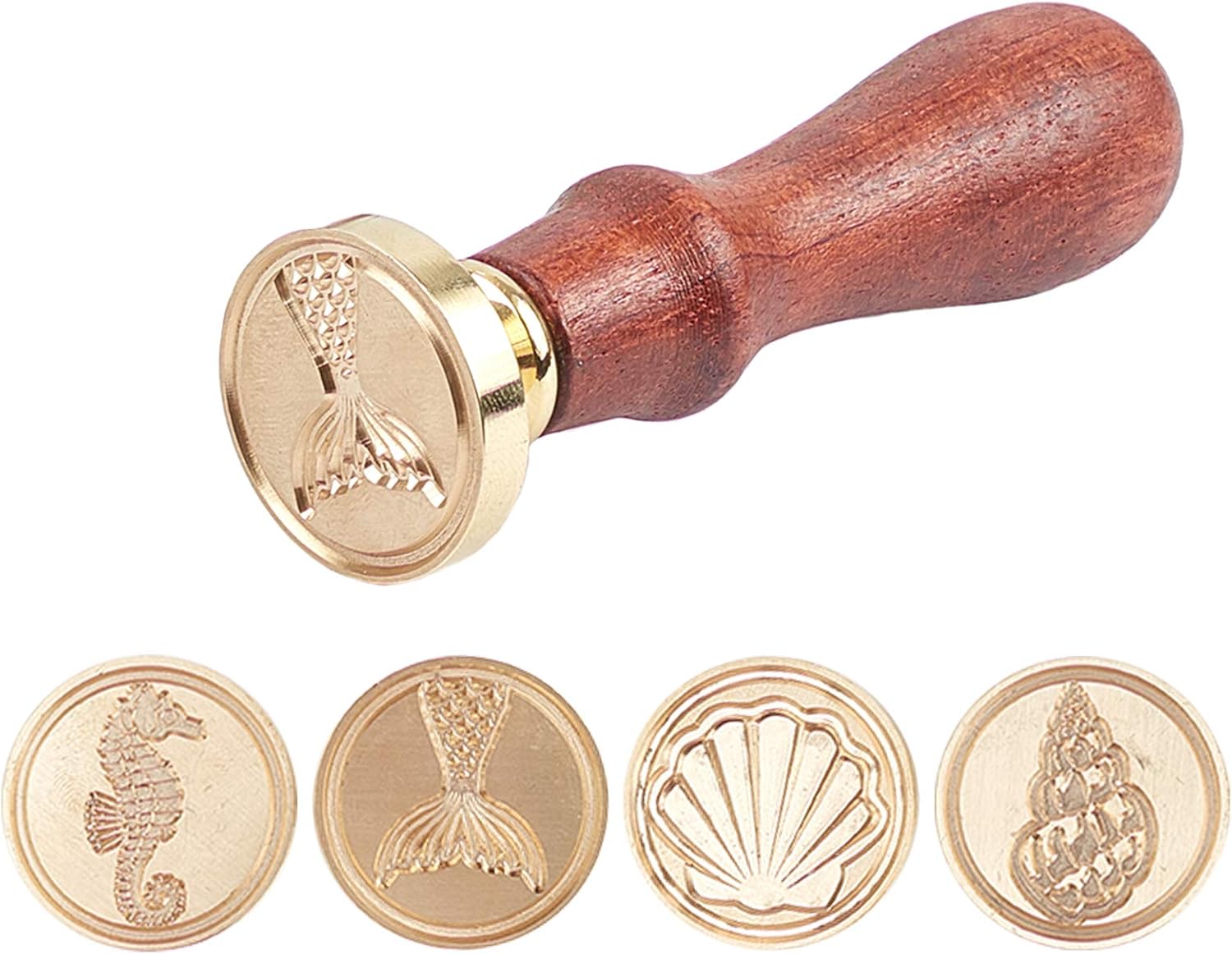 CRASPIRE Ocean Theme Wax Seal Stamp Kit Shell Seahorses Sealing Wax Stamps Brass Heads Wood Handle Black Velvet Pouch Conch Sea Animals Retro Brass Stamp Kit for Letter Envelope Card Gift Decoration - Image 5