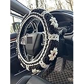 YDMZZB Daisy Crochet Steering Wheel Cover,Cute Seat Belt Cover,Women car Accessories (Black Steering Wheel Cover)