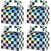 24 Pcs Iridescent Checkered Race Car Party Favor Gable Boxes, Paper Black and Iridescent Car Goodie Treat Boxes, Racecar Laser Plaid Gift Box for Kids Fast Race Cars Birthday Party Decorations